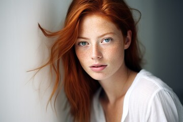 Portrait of beautiful young red hair woman with freckles smiling and looking at camera, standing on white isolated white background