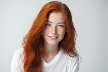 Fototapeta premium Portrait of beautiful young red hair woman with freckles smiling and looking at camera, standing on white isolated white background