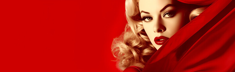 beautiful young woman on a red background. banner for advertising. Generative Ai - obrazy, fototapety, plakaty