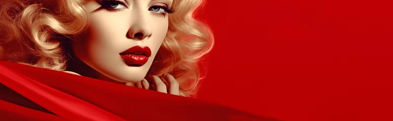 beautiful woman on a red background in the style of the fifties. banner for advertising. Generative Ai © PETR BABKIN