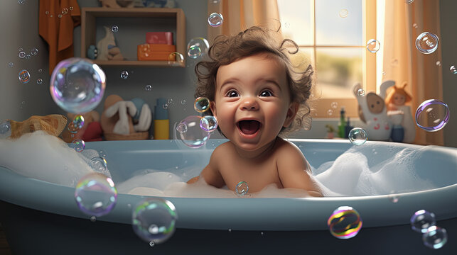 precioso bebé sonriente dentro de una bañera blanca con espuma, pompas de jabón y burbujas en baño con estanterías de madera, con ventana y muñecos de peluche