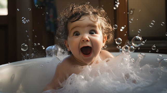 lindo beb&eacute; sonriente muy expresivo mirando a camara,  dentro de una ba&ntilde;era blanca con pompas de jab&oacute;n y burbujas, con fondo desenfocado