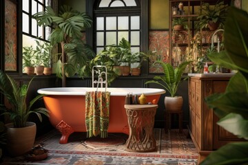 Cozy and comfortable bathroom with interior in bohemian style render