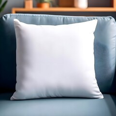 Blank white square Pillow Mockup, living room Background, Product photography, monstera and palm leaves plants, minimalistic, bokeh, blue sofa