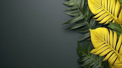 A dark green background with tropical leaves and plants, , with free space for writing or placing objects on the left, for tropical-themed designs, invitations, posters, and social media graphics