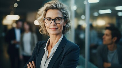 Mature businesswoman leader with eyeglasses in a modern office, blurred background and copy space - obrazy, fototapety, plakaty