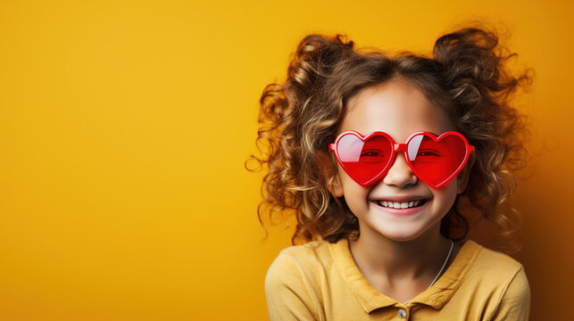 Happy smiling little girl with heart shaped eye glasses on yellow plain background. Happy childhood.