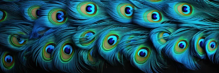Fotobehang Beautiful bright background of peacock feathers, peacock feathers banner © pundapanda