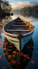 Tuinposter Isolated fishing boat floating in the evening  © Sudarshana