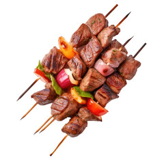 One little kebab on a wooden stick with meat and vegetables