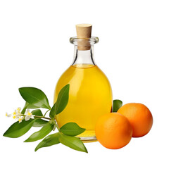 front view close up of Neroli oil with ingredients isolated on a white transparent background