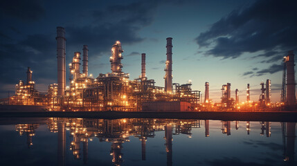 Fototapeta premium petrochemical and power plant. oil refinery with evening sky scene. energy business concept