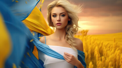 Beautiful girl with elements of clothing in the color of the Ukrainian flag, yellow-blue, sky