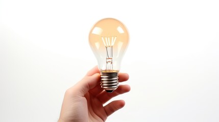 Hand holding light bulb isolated white background. AI generated