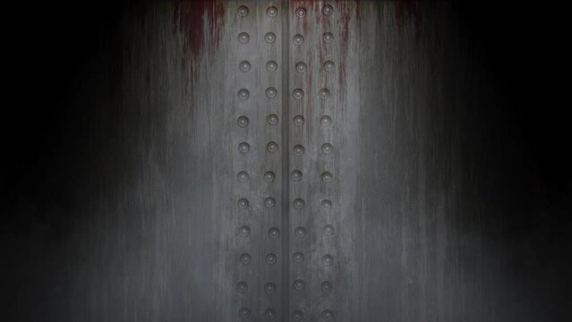 Metallic wall looms with menacing blood droplets, volumetric light and shadows, in the bottom mist begins to rise and particles of dust. Horror mysterious dramatic style. Perfect for creepy theme