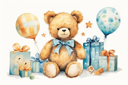 Watercolor illustration on a children's theme, a cute funny bear with gifts, flowers and balloons, banner pastel colors