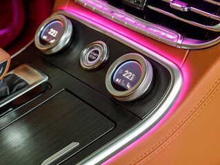 climate control with temperature indicators with pink ambient lighting in a leather interior of a luxury car