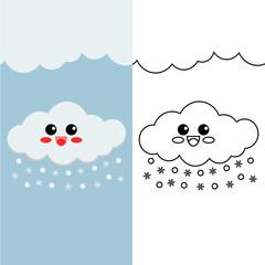 This is an illustration of cute snow clouds in the sky and next to it is a black-and-white version to color