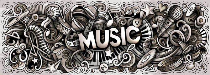 Music hand drawn cartoon doodles illustration. Colorful vector banner © balabolka