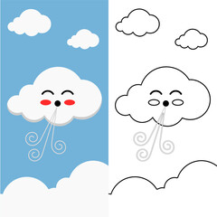 This is an illustration of the cute wind cloud in the sky and next to it is a black-and-white version of the color