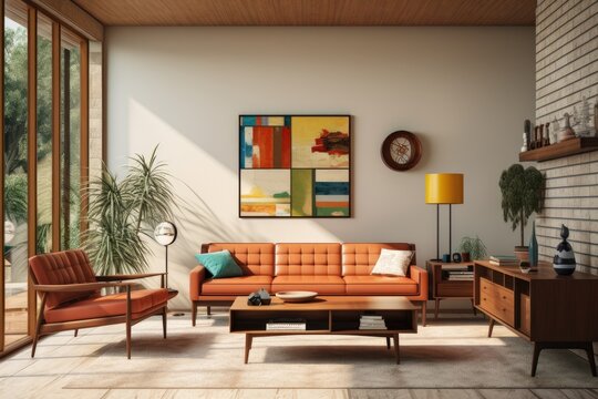 Mid century modern living room render