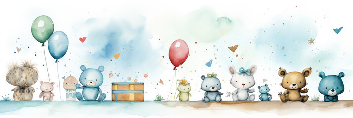 Watercolor illustration on a children's theme, cute toys and balloons, pastel colors