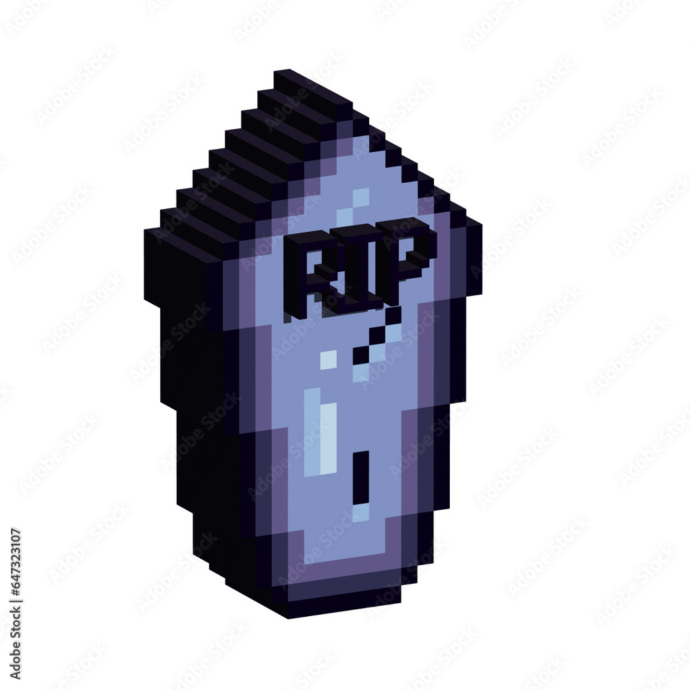 Poster isometric pixel art 3d of grave halloween for items asset. simple 3d of grave rip on pixelated style