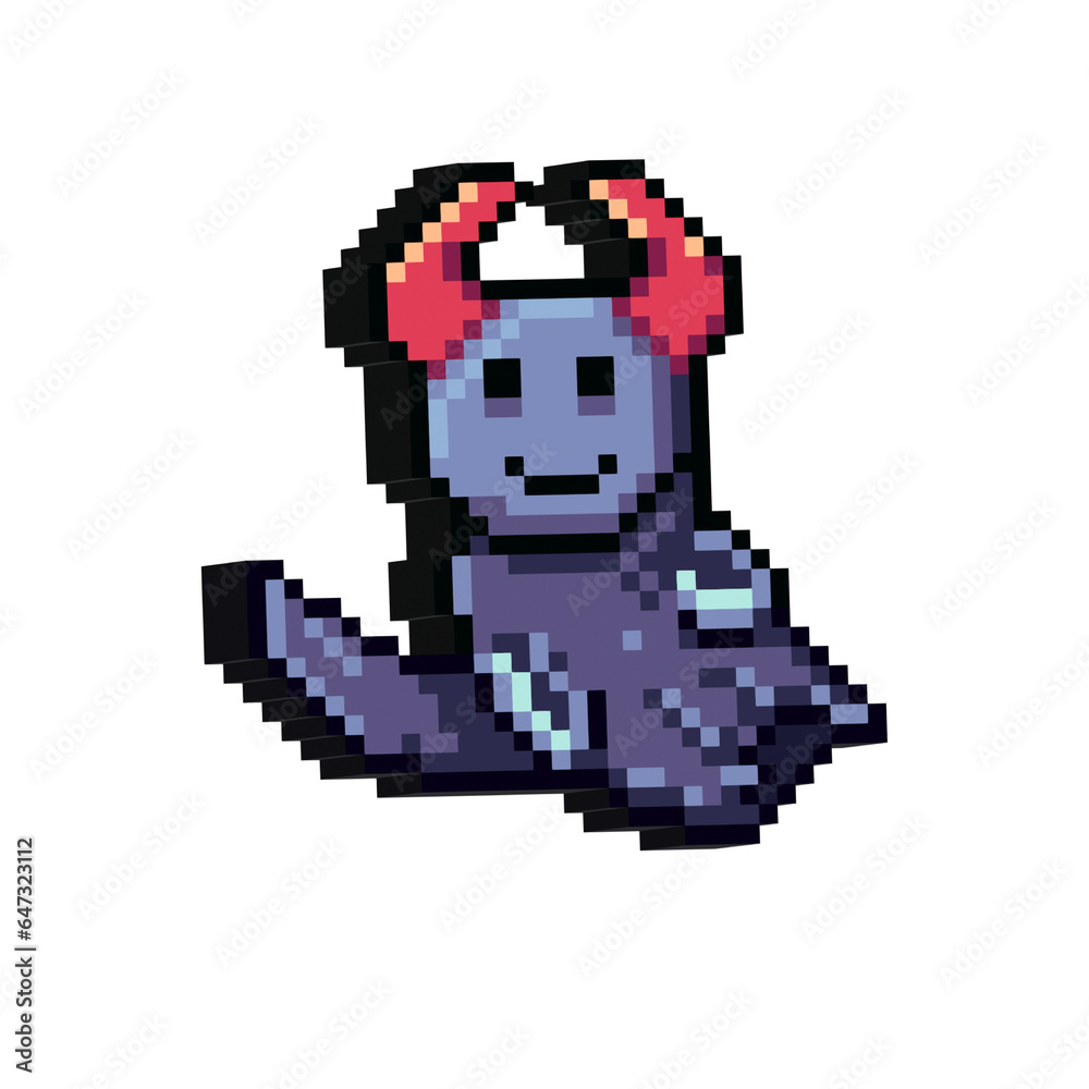 Poster isometric pixel art 3d of ghost halloween character with red horn for items asset on pixelated style