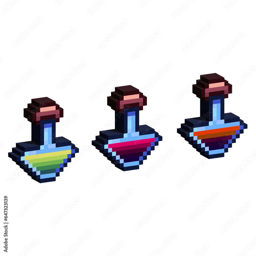 Poster isometric pixel art 3d of poison and health potion for items asset. simple 3d potion items of on pix