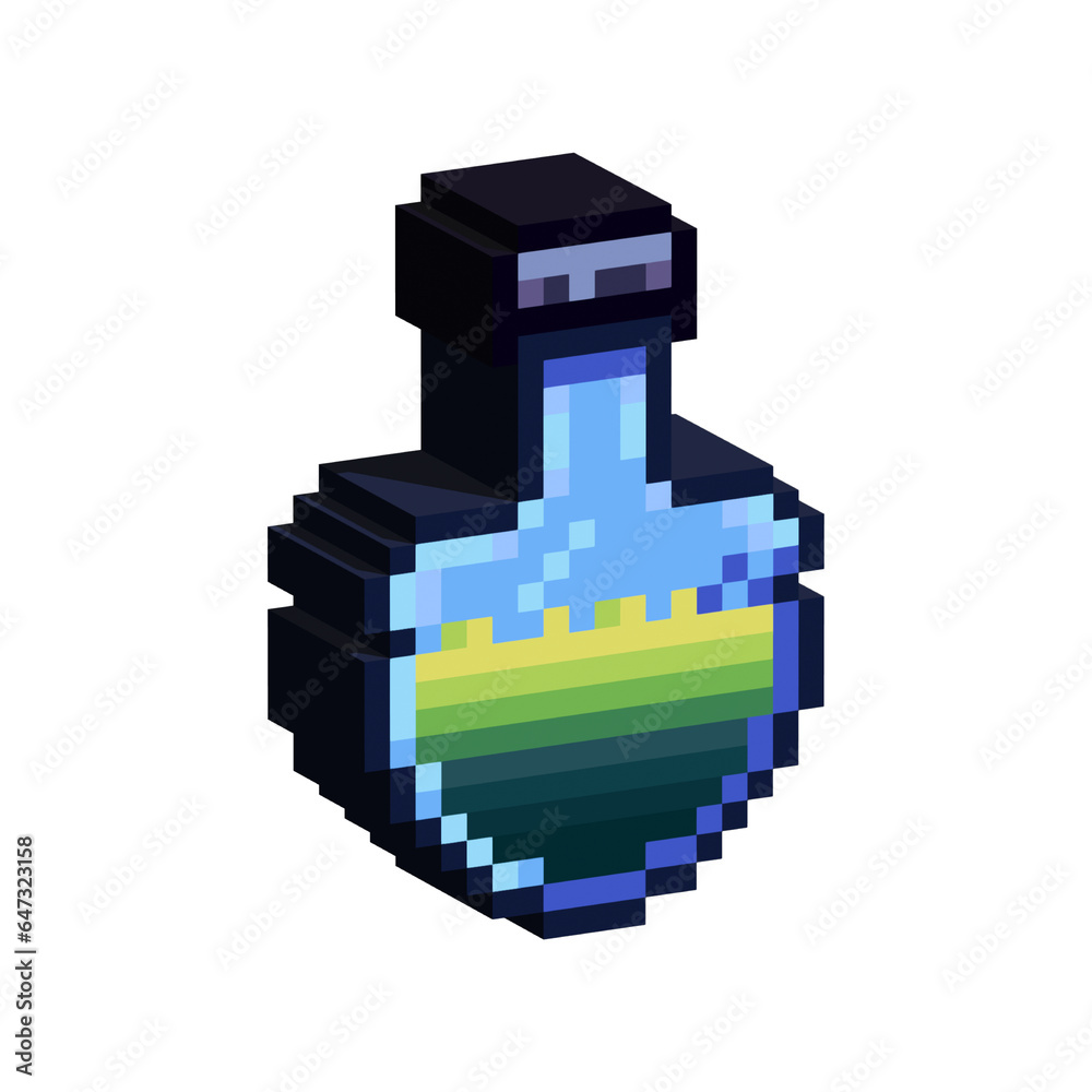 Poster isometric pixel art 3d of poison potion for items asset. simple 3d potion items of on pixelated styl