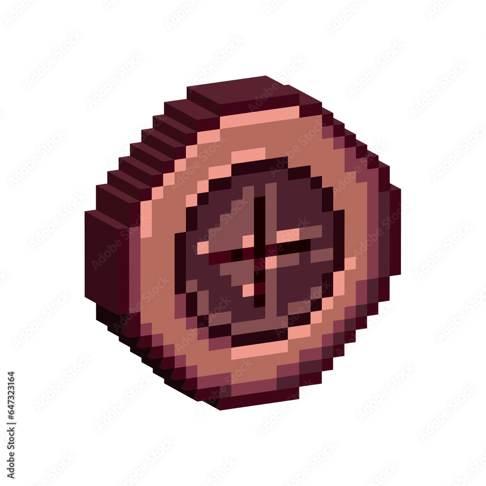 Poster isometric pixel art 3d of wood bronze shield with plus sign in middle for items asset in 3d style on