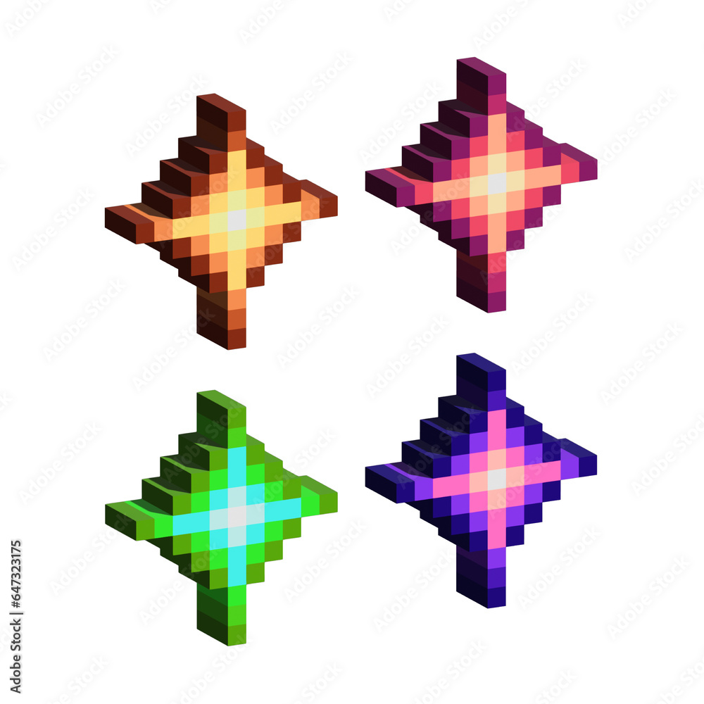 Poster isometric pixel art 3d of sparkle effect for items asset. simple 3d of spark effect on pixelated sty