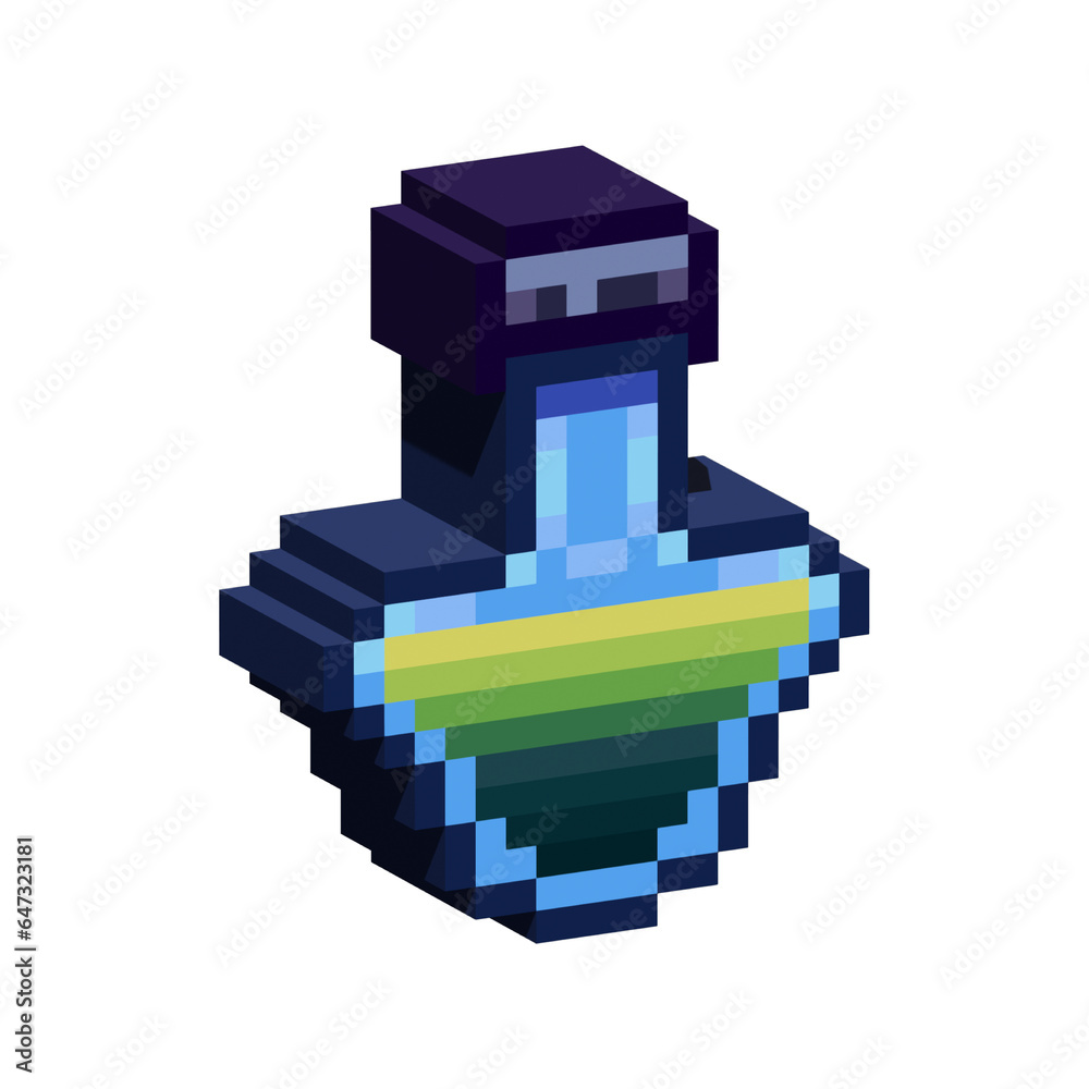 Poster isometric pixel art 3d of poison potion for items asset. simple 3d potion items of on pixelated styl