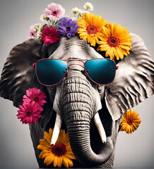 Beautiful cool elephant portrait in sunglasses with flowers on head