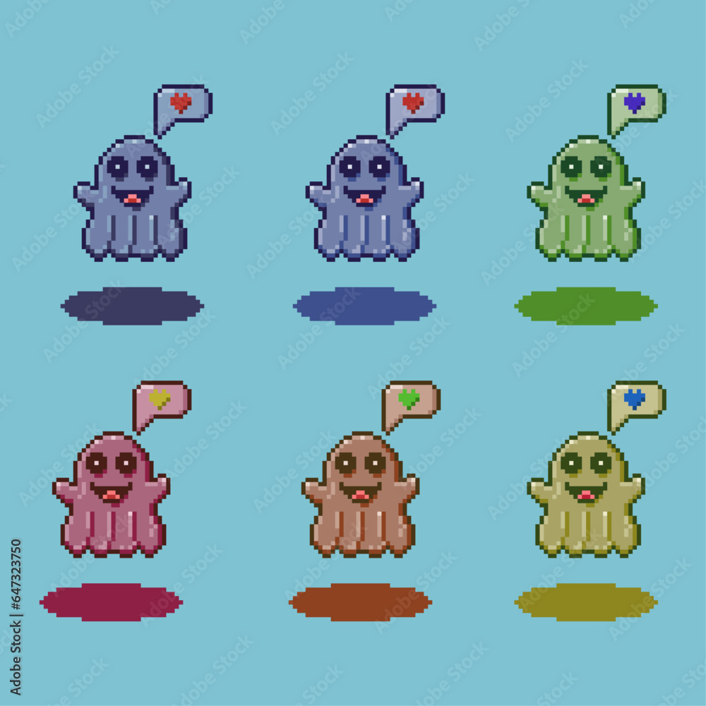 Poster pixel art sets of ghost with variation color items asset. simple ghost for halloween items on pixela