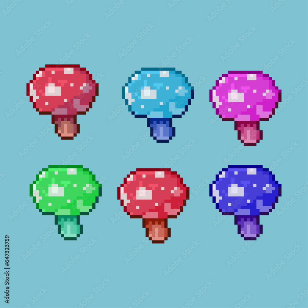 Poster pixel art sets of mushroom with variation color items asset. simple mushroom plant for dugeon items 