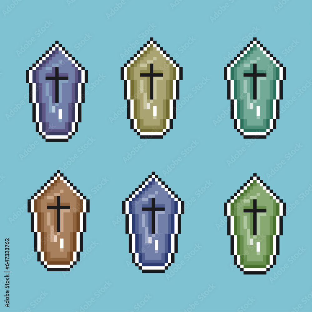 Poster pixel art sets of dead grave with variation color items asset. simple grave for dugeon and rpg items