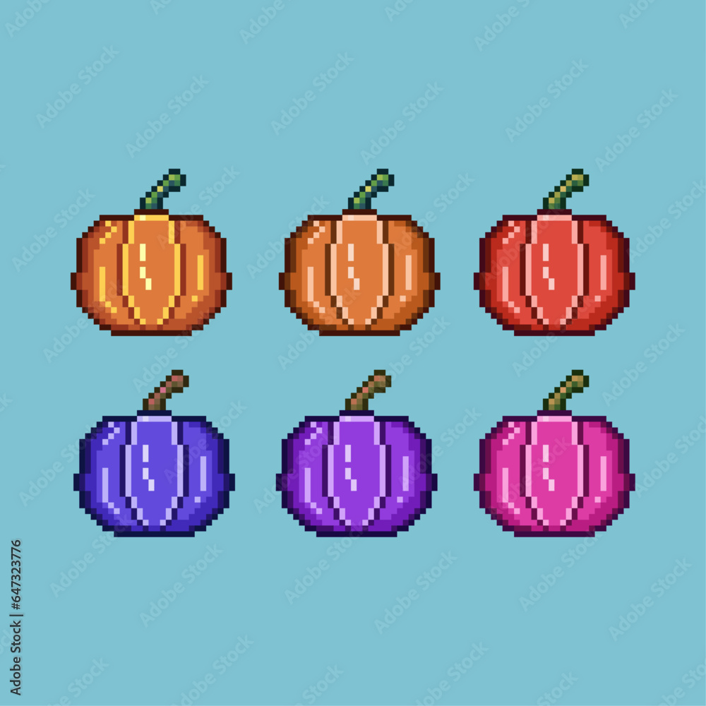 Poster pixel art sets of pumkin halloween with variation color items asset. simple pumkin for dugeon items 