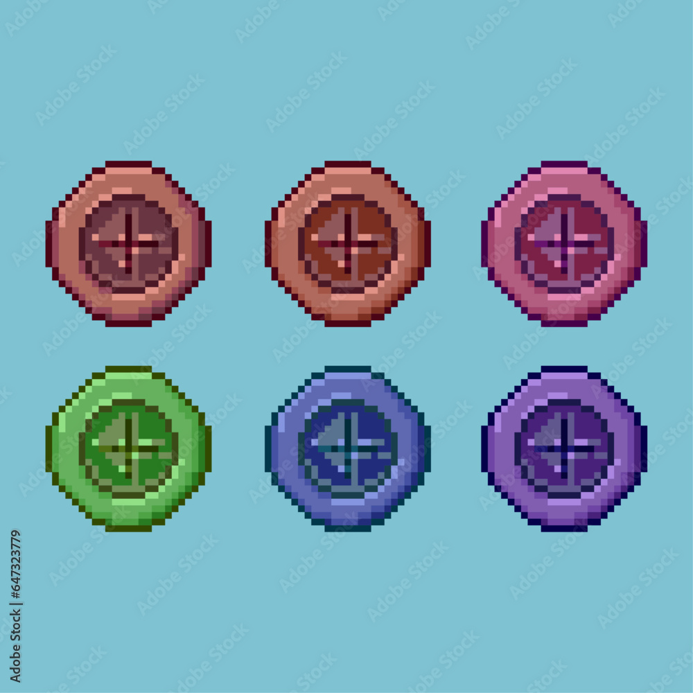 Fototapete pixel art sets of shield defense with variation color items asset. simple shield for dugeon items on