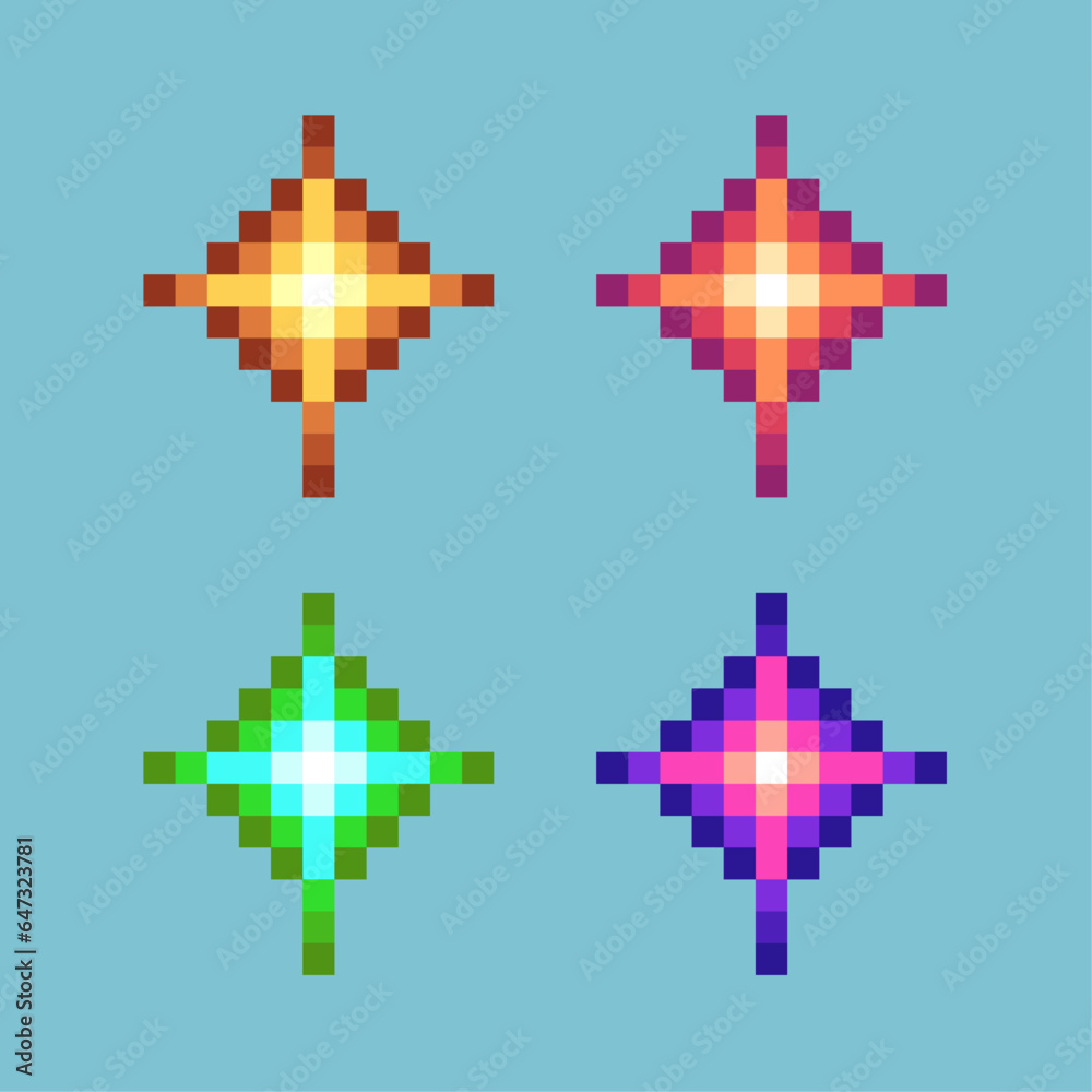 Poster pixel art sets of sparkle effect with variation color items asset. simple spark effect items on pixe