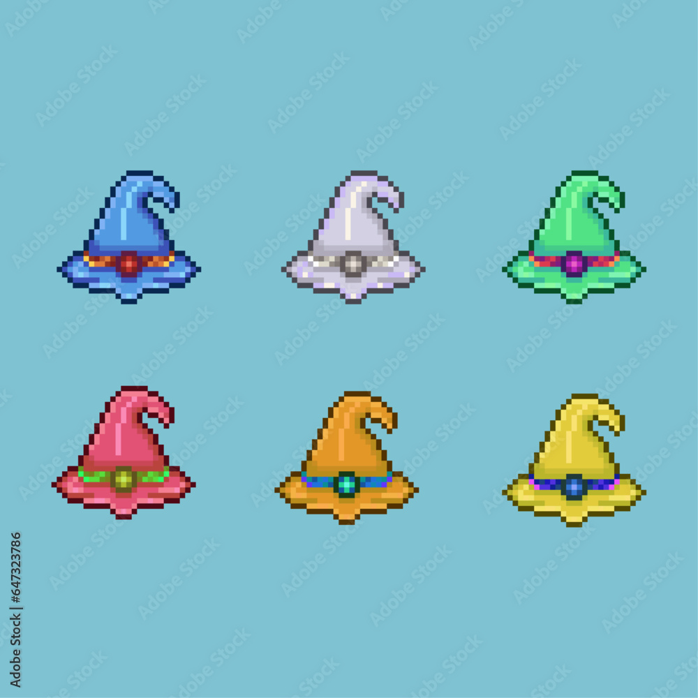 Poster pixel art sets of witch hat with variation color items asset. simple witch hat for dugeon items on p