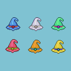 Pixel art sets of witch hat with variation color items asset. simple witch hat for dugeon items on pixelated style.8bits perfect for game asset or design asset element for your game design asset