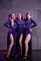 Beautiful go-go dancers in a purple dress stand against the background of a textured wall.  The...