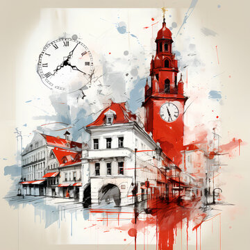 Captivating Graz Clock Tower in Red and White with GAK Text - Wall Art Decor