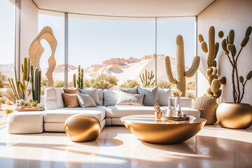 Modern, contemporary, minimalist desert oasis living room with bright natural lighting, organic wood sculptures, and cactus planters - obrazy, fototapety, plakaty