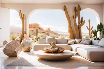 Poster Modern, contemporary, minimalist desert oasis living room with bright natural lighting, organic wood sculptures, and cactus planters © Clint English