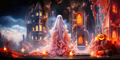 Pastel Halloween ghost story, illustrative 3D panorama with pink ghost, candles, pumpkins and castles, child friendly, night scene, generative AI