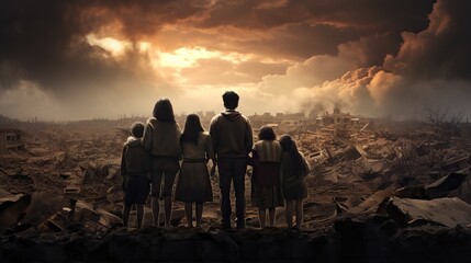 Obraz premium Survivors of Nuclear War Atomic Bomb - Family Huddling Together Among Total Destruction