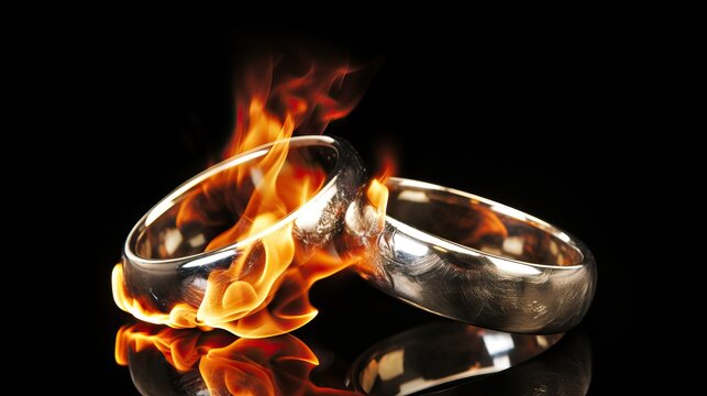 Wedding band rings on fire symbolizing broken marriage, divorce, infidelity, cheating