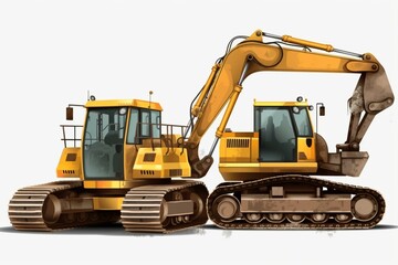 Two large wheeled machinery, excavator, and other construction equipment isolated on transparent background. Generative AI